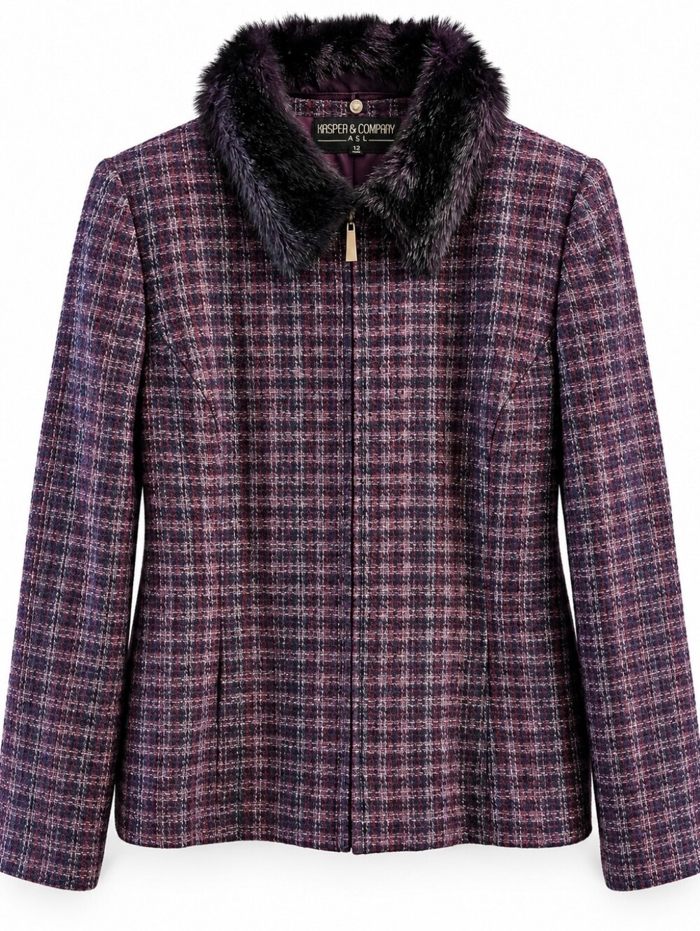 Vintage Purple Metallic Tweed Wool Jacket Faux Fur Collar 12, Tailored, Fall